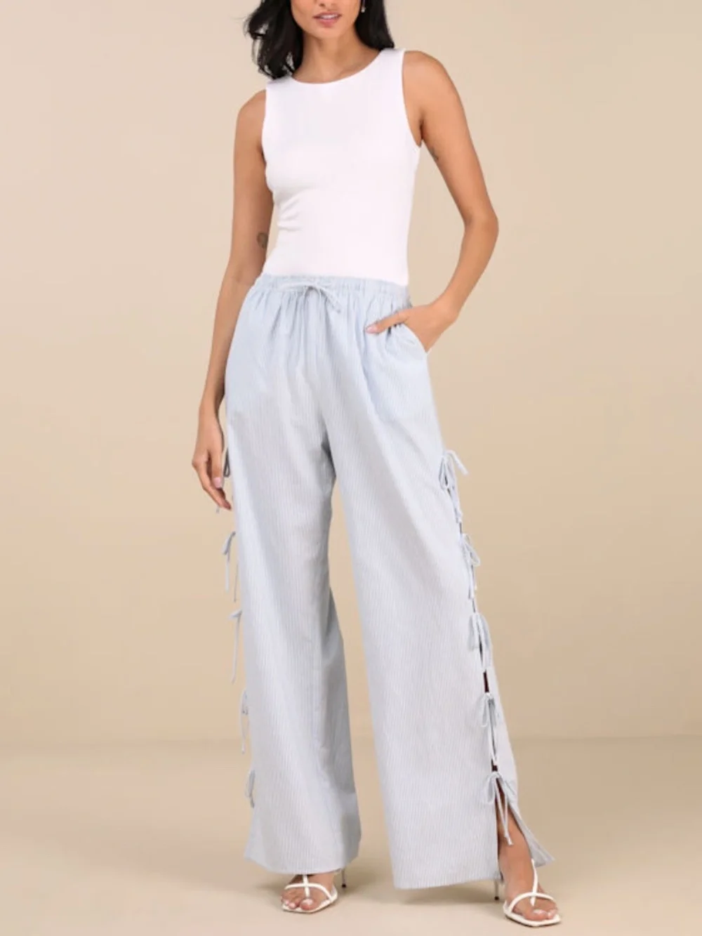 Lulus Palila Blue And White Striped Side-tie Pants - Size S